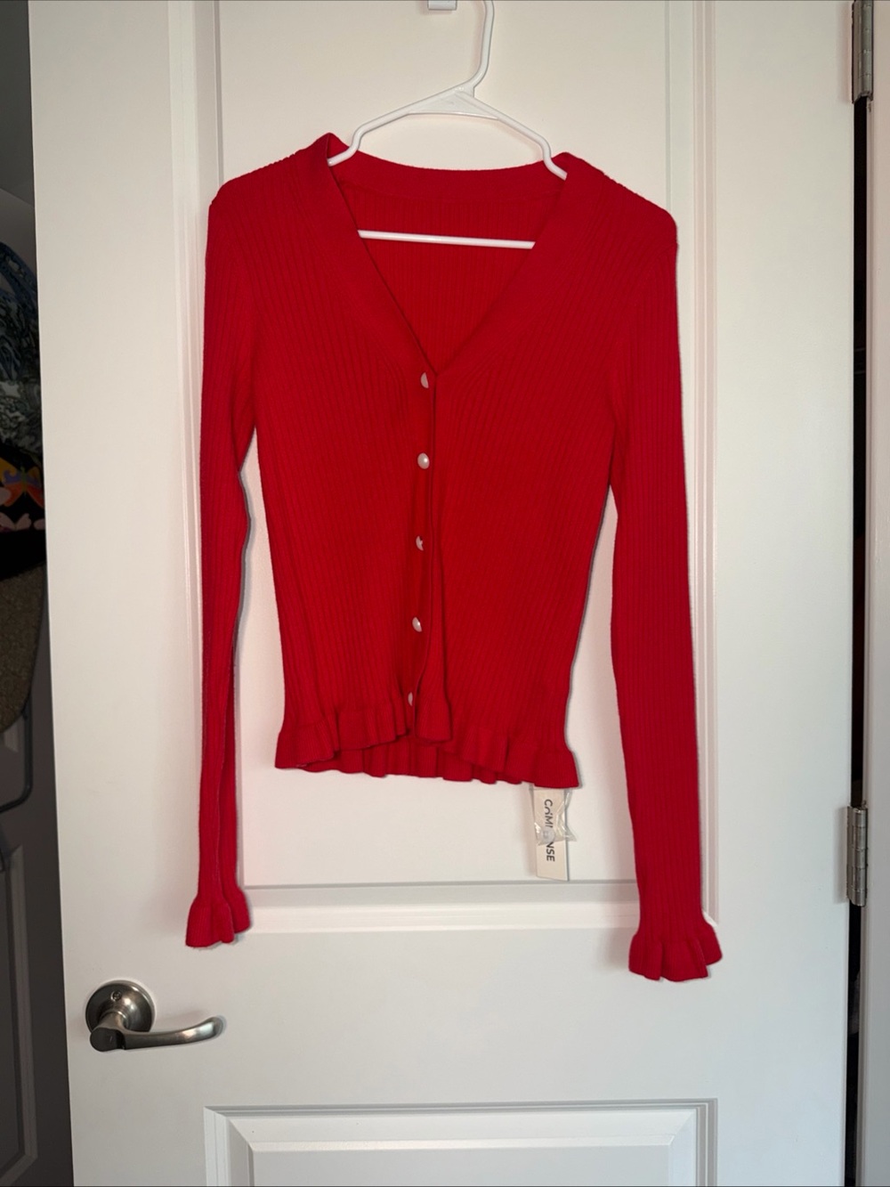 Commense Red Ribbed V-Neck Cardigan with Ruffle Hem - Picture 7 of 7